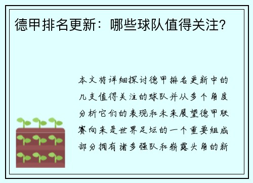 德甲排名更新：哪些球队值得关注？