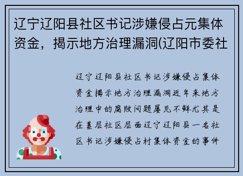 辽宁辽阳县社区书记涉嫌侵占元集体资金，揭示地方治理漏洞(辽阳市委社区)